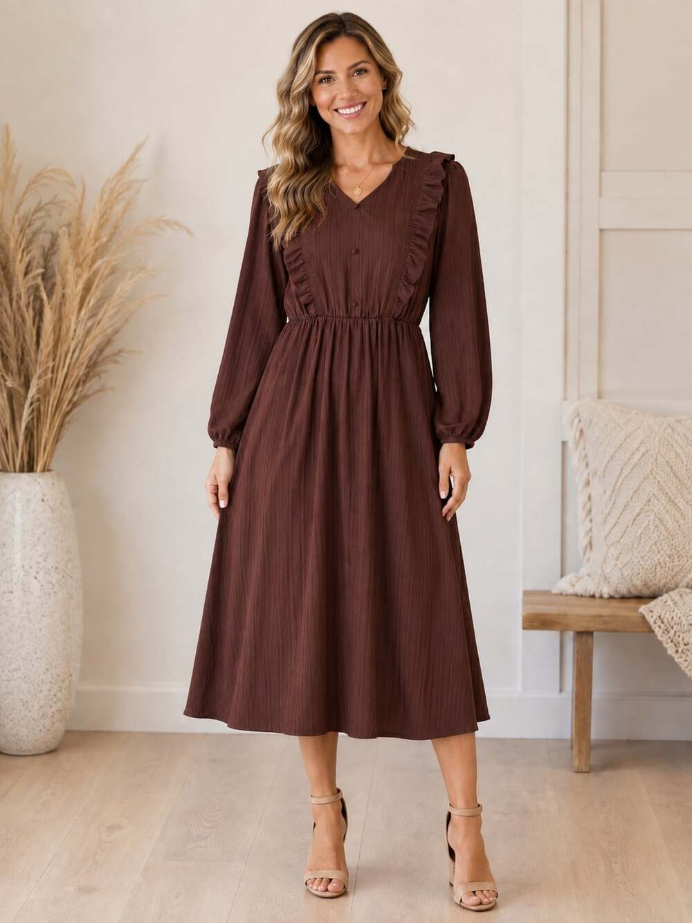 Sweet Salt Brown Midi Dress Womens L Ruffle Long Sleeve Stretch Cottagecore